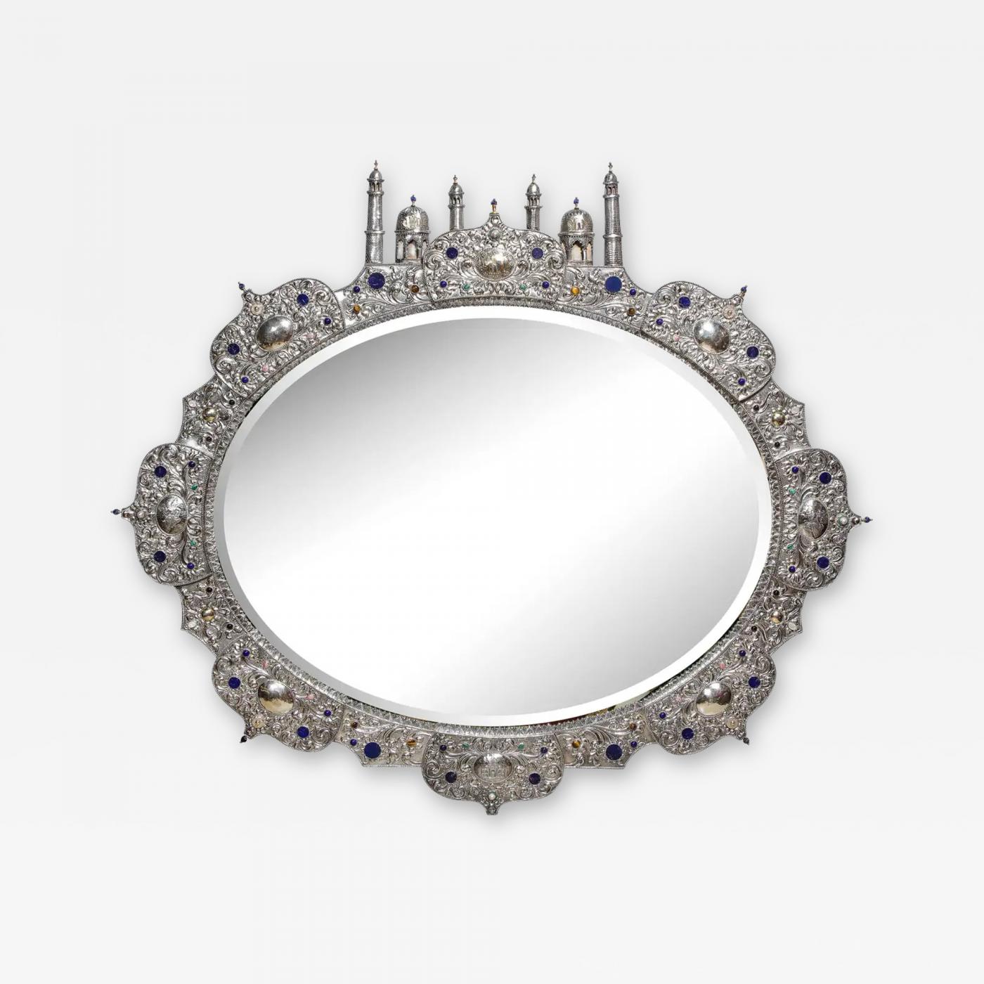 Rare and Magnificent Indian Silver, Gold & Jeweled Palace Mirror