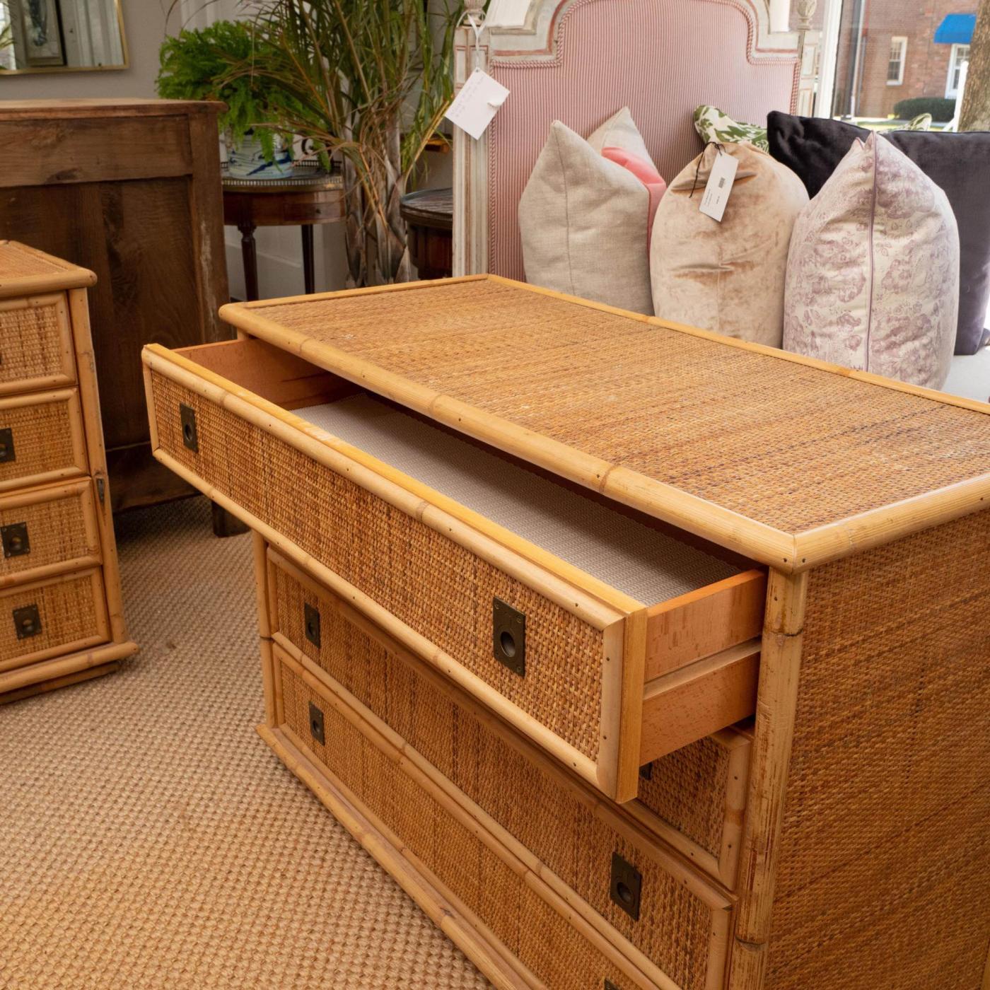 Pair of Rattan Dressers with Brass Campaign Style Hardware