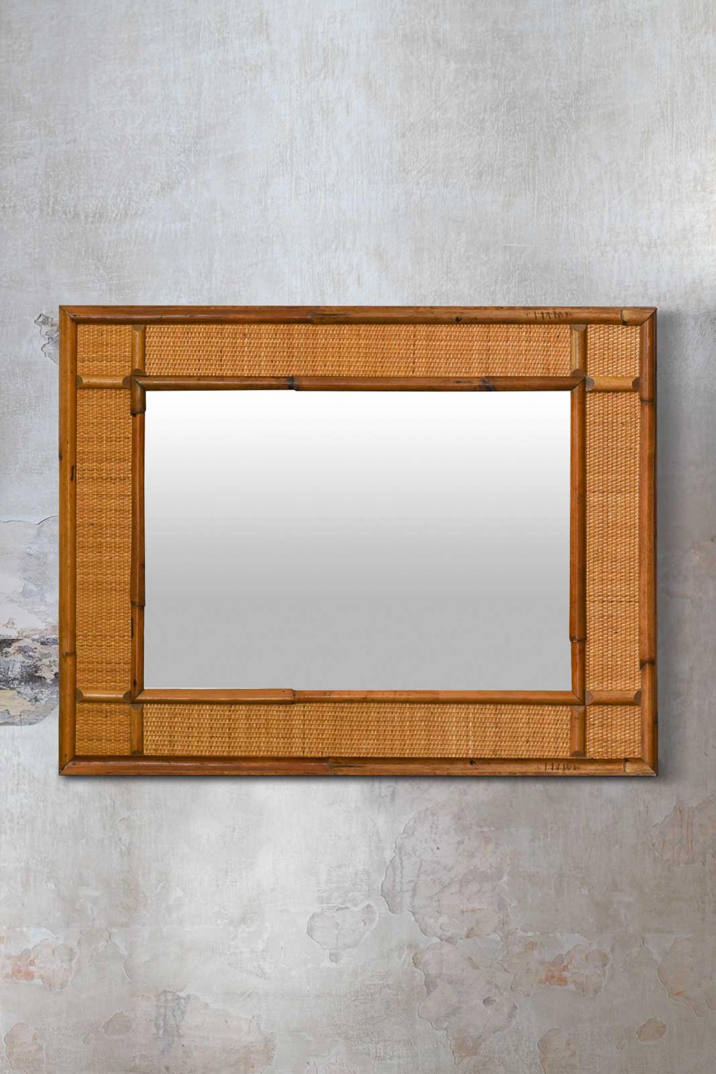 Rectangular mirror in bamboo and wicker 1980