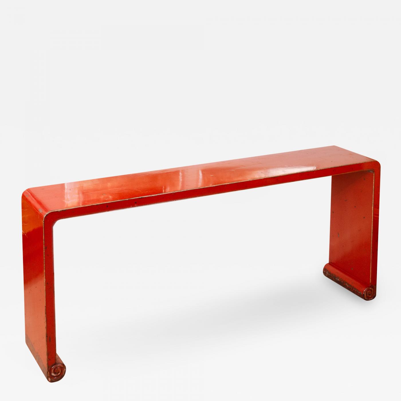 Red Lacquer Distressed Finish Chinoiserie Console Red Lacquer Distressed Finish Chinoiserie Console