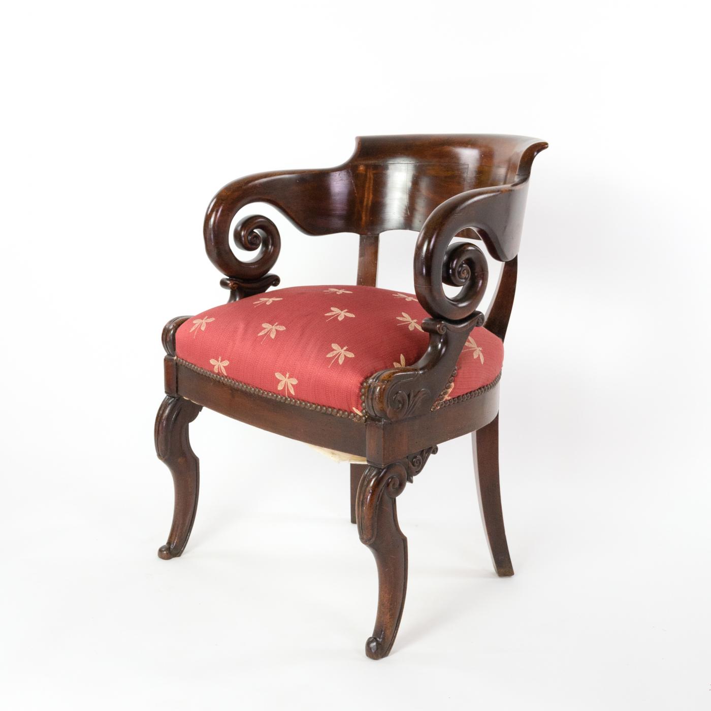 Restoration Period Barrel Back Desk Chair In Cuban Mahogany, French Circa 1820.