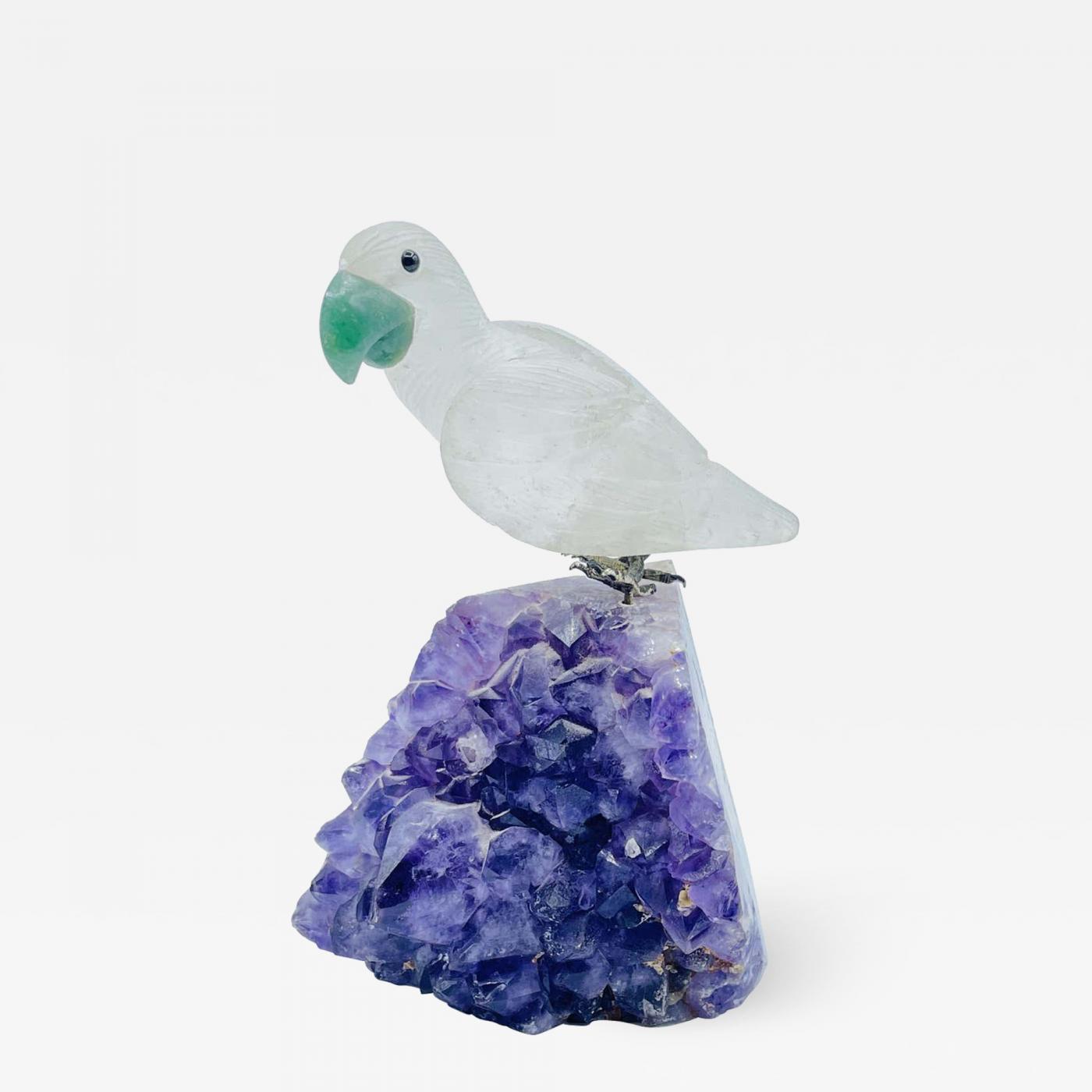 Rock Crystal and Amethyst Geode Sculpture of A Carved Parrot Bird