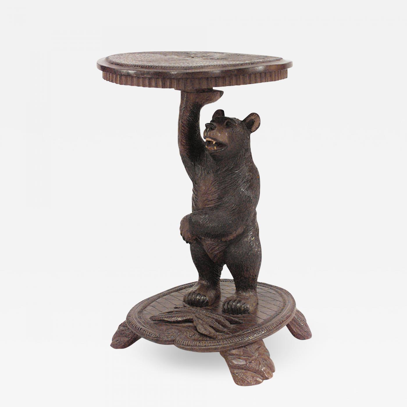 Rustic Black Forest 19th Cent Bear Carved Walnut End Table