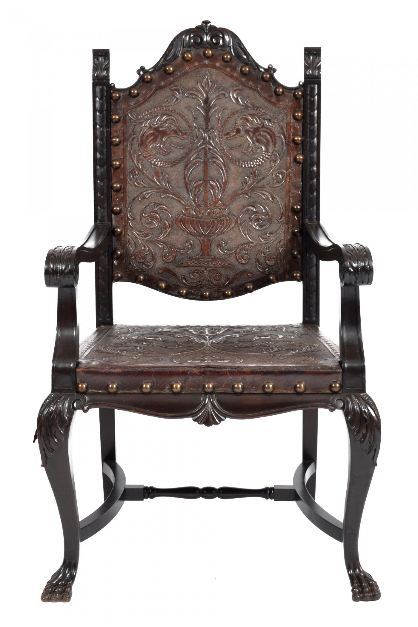 SPANISH COLONIAL PARLOR SET SETTEE, ARM CHAIRS EMBOSSED LEATHER SPAIN 19TH C