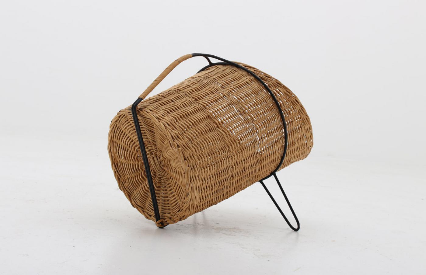 Scandinavian Midcentury Firewood Basket in Cane and Metal
