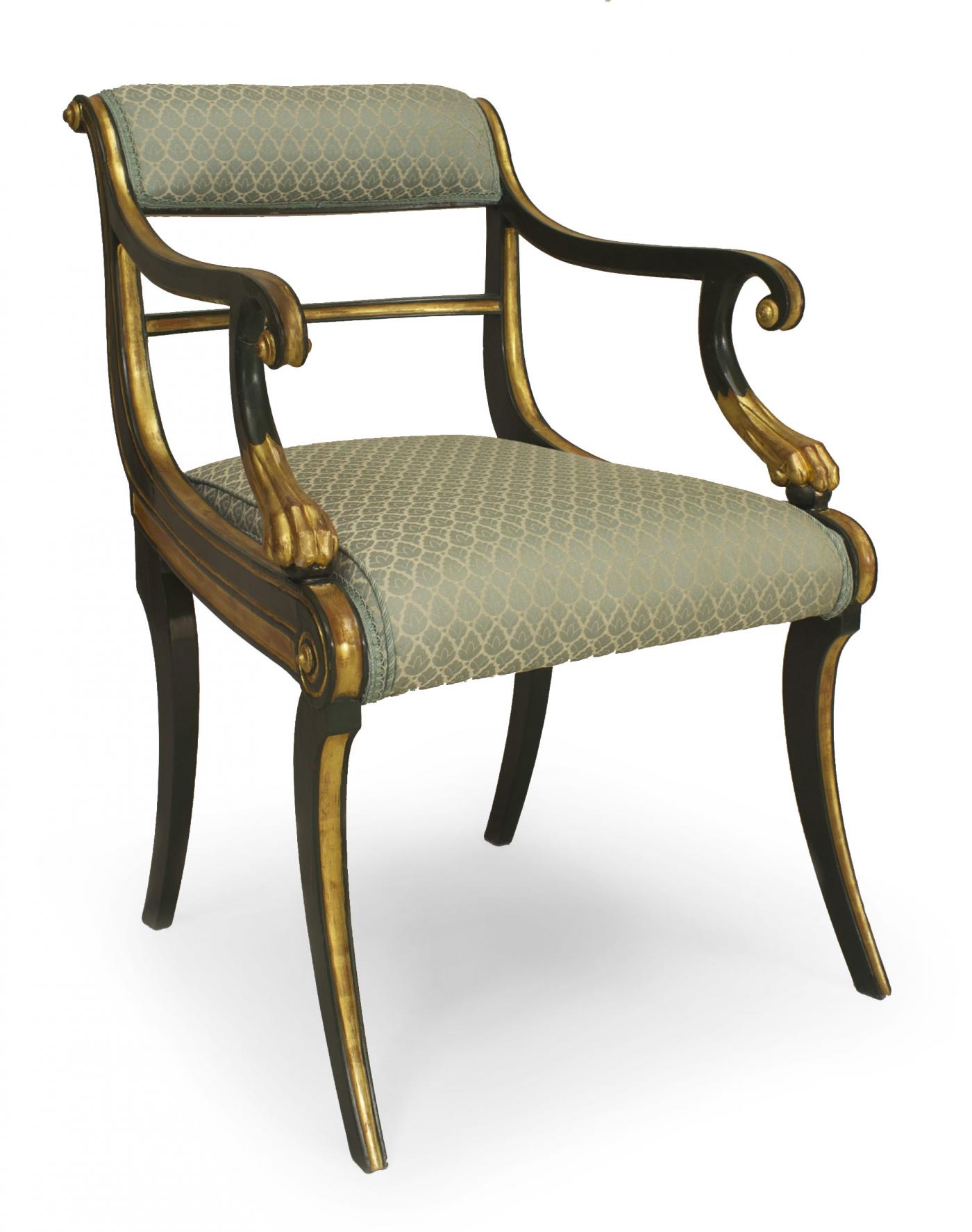 Set of 12 English Regency Green Damask Arm Chairs