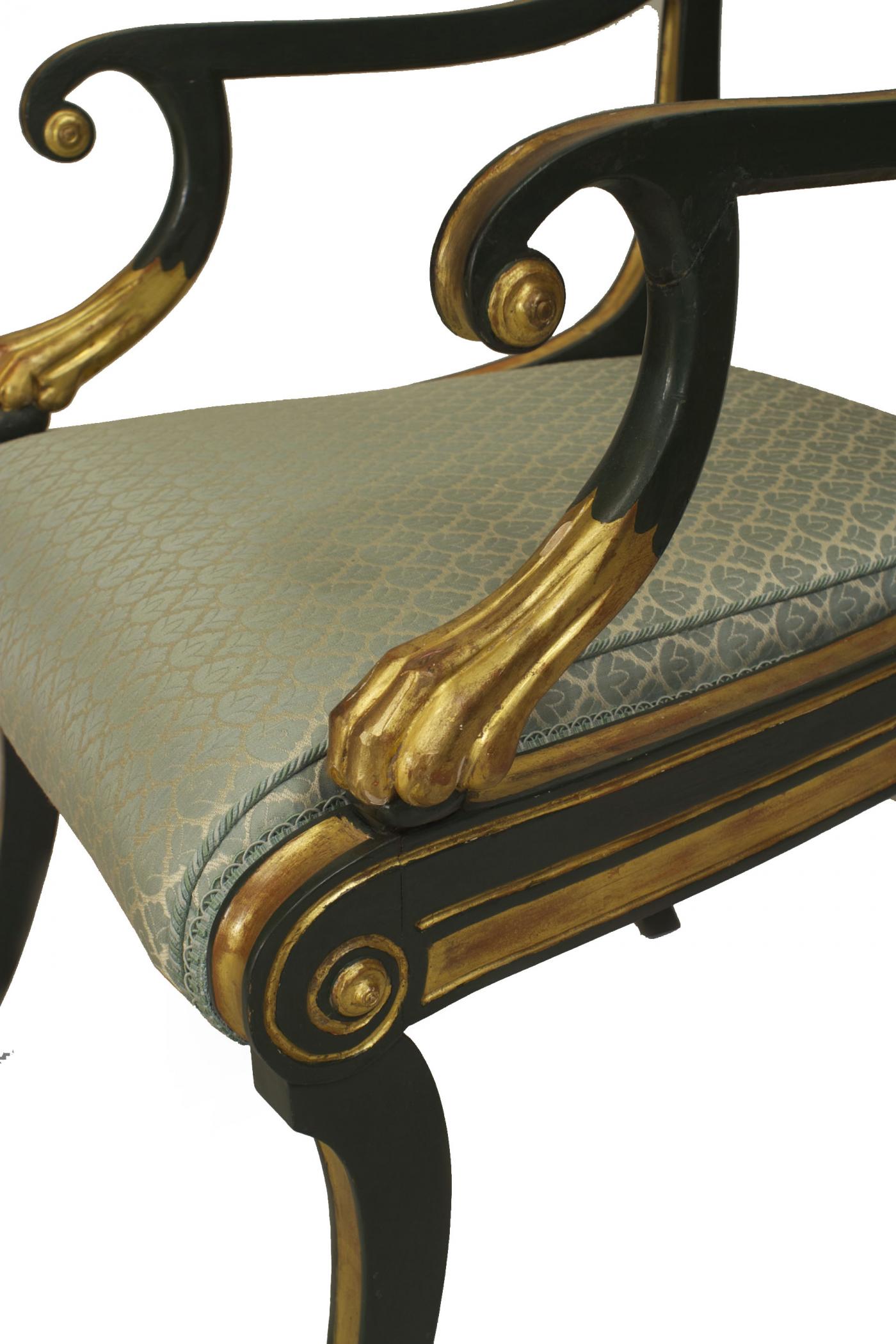 Set of 12 English Regency Green Damask Arm Chairs
