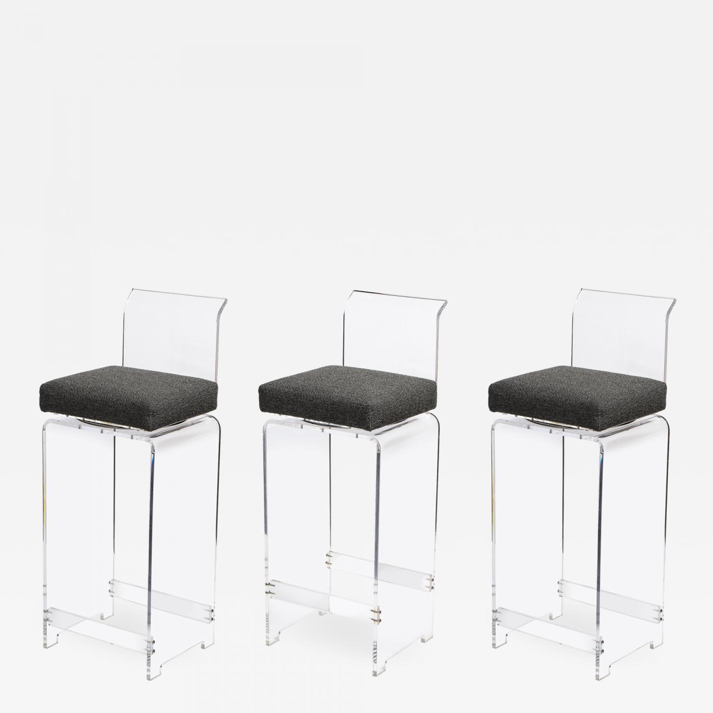 Set Of 3 Midcentury Lucite Swiveling Bar Stools With Textural Gray Boucle Fabric