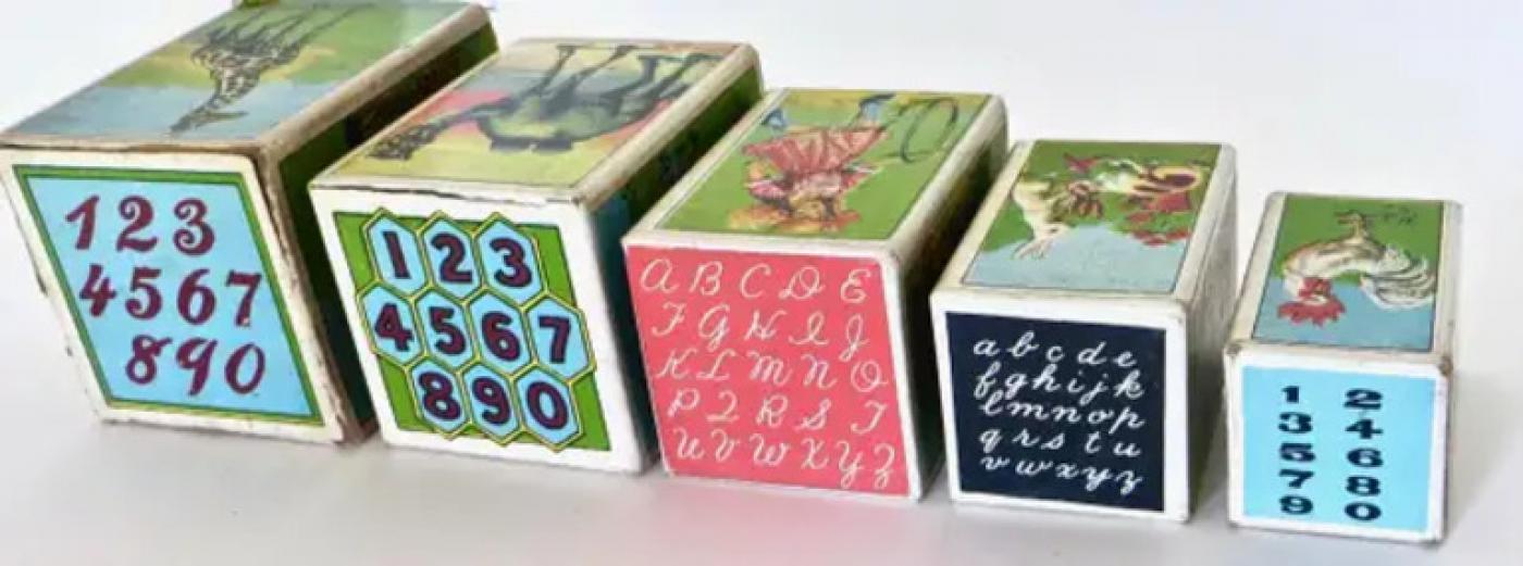 Set of Five Children's Lithographed Alphabet Nesting Blocks, American ...