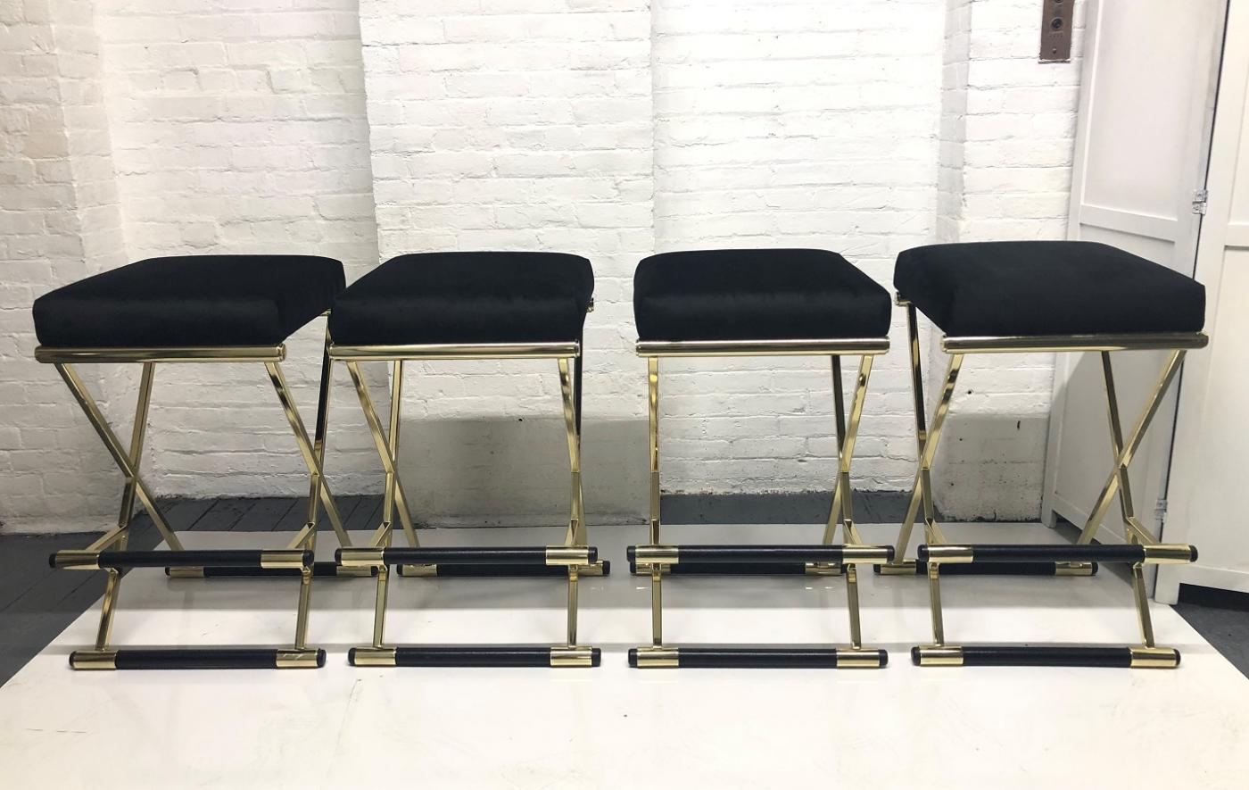 Set of Four Velvet and Brass Finish Bar Stools