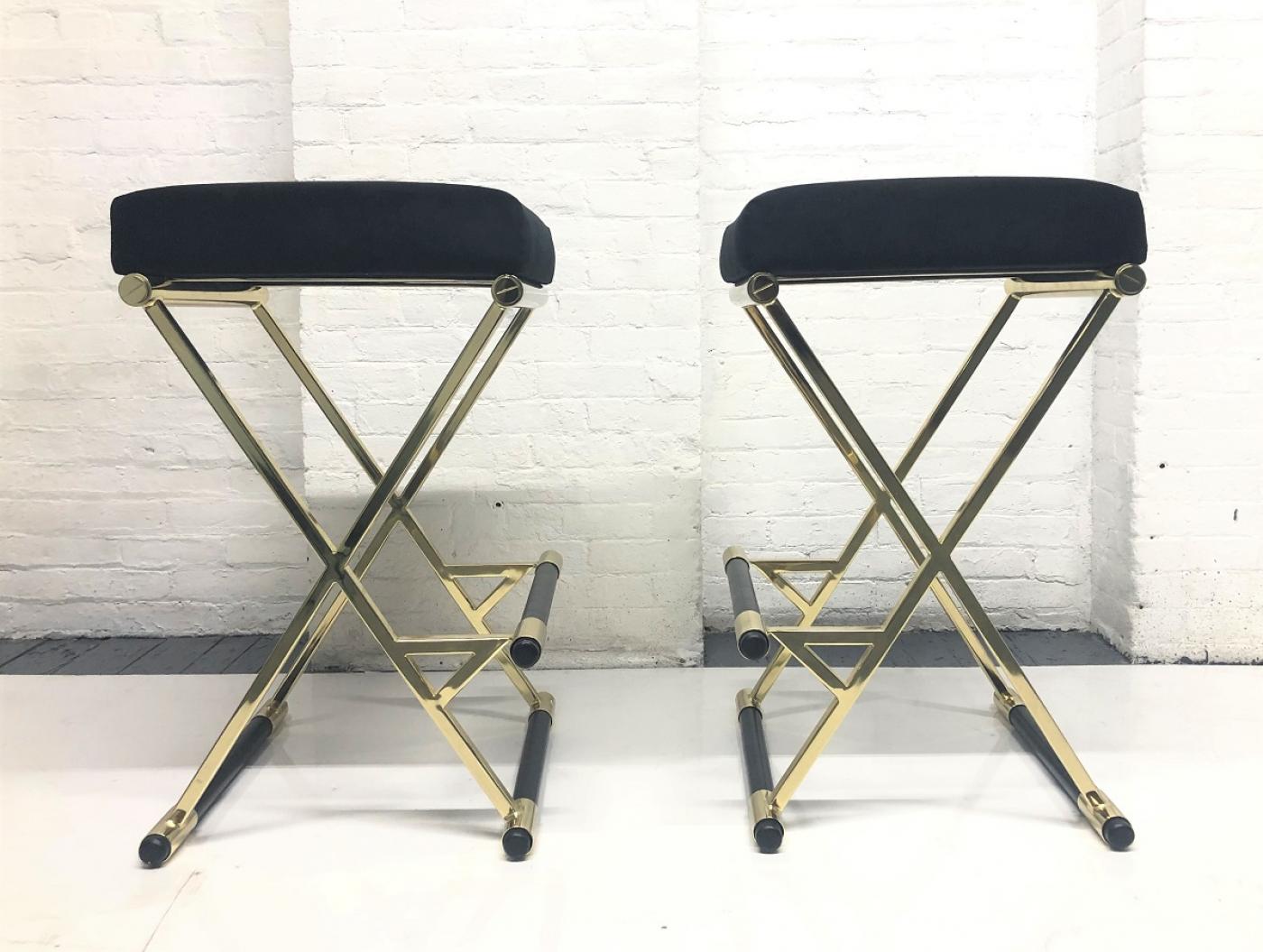 Set of Four Velvet and Brass Finish Bar Stools