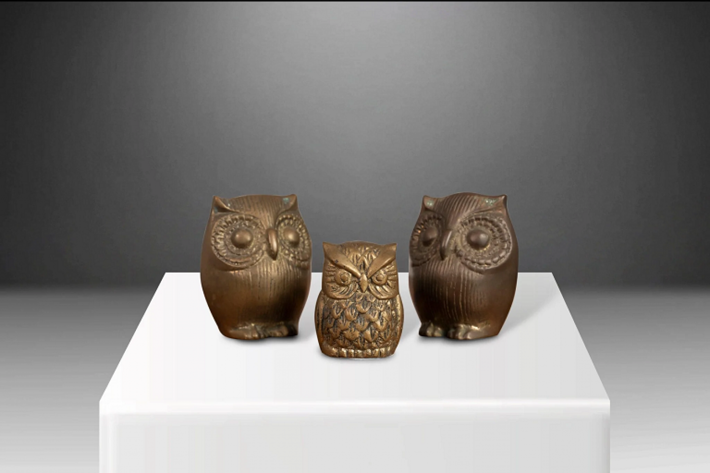Set of Three (3) Mid Century Brass Owl Paperweights