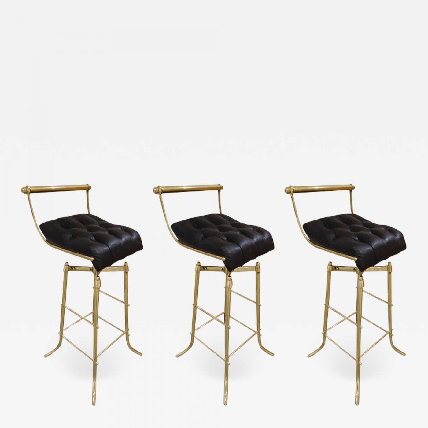 Set Of Three Italian Mid Century Brass Adjustable Bar Stools With Swivel Seats