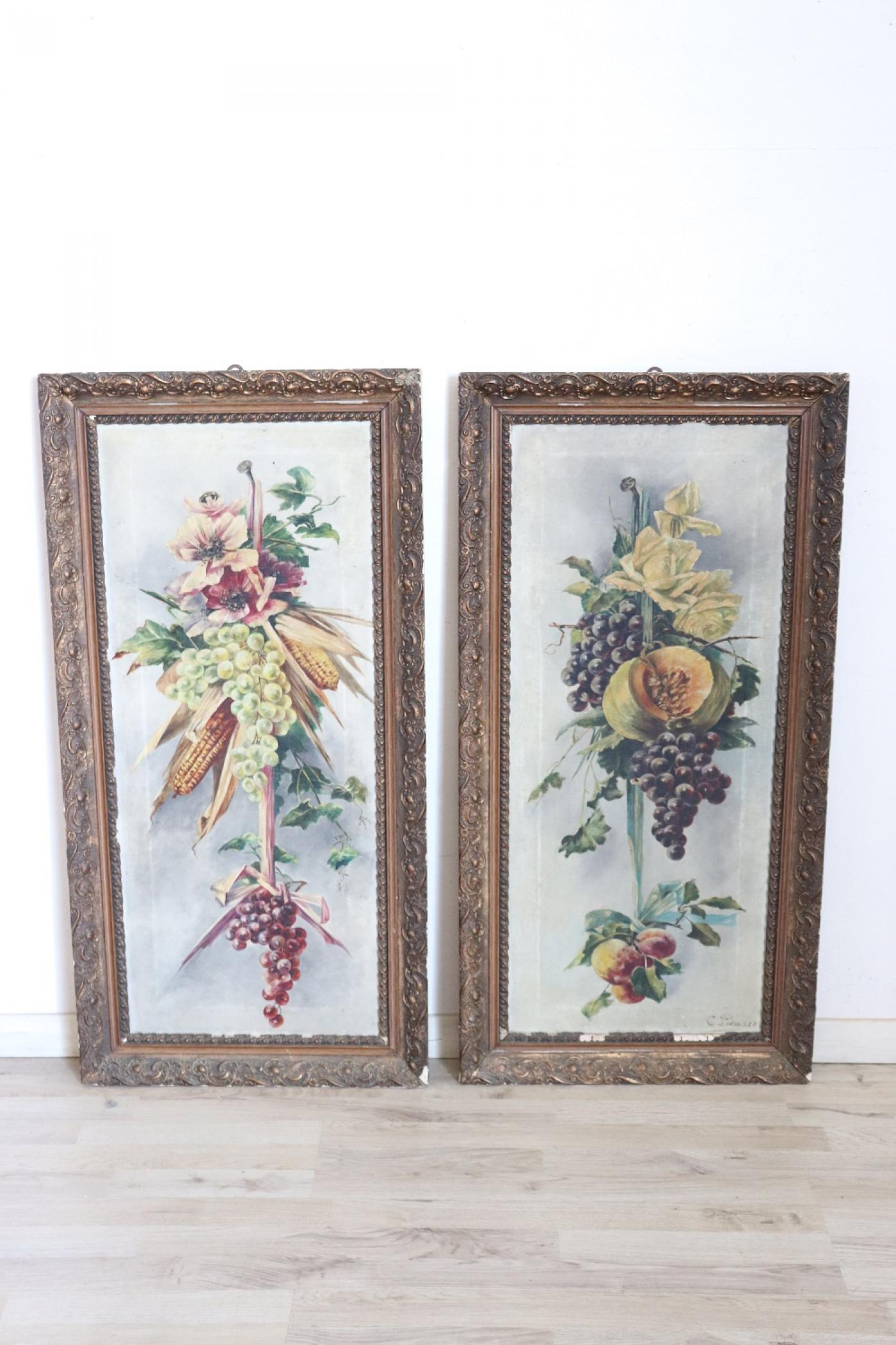 Set of two Oil Painting on Canvas, signed, Composition with Flowers and