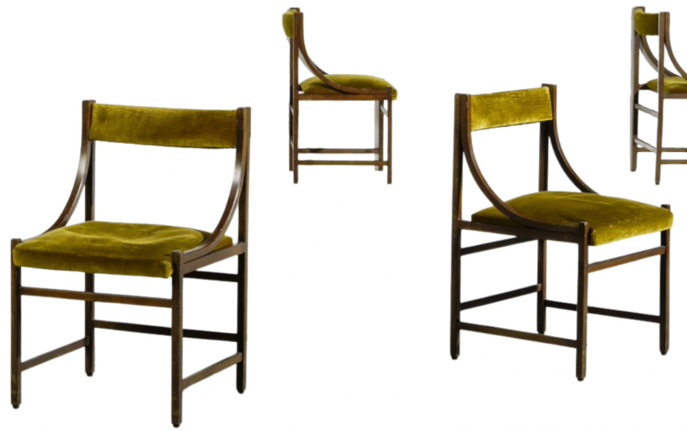 Set six Italian 1960s curved wood velvet dining chairs