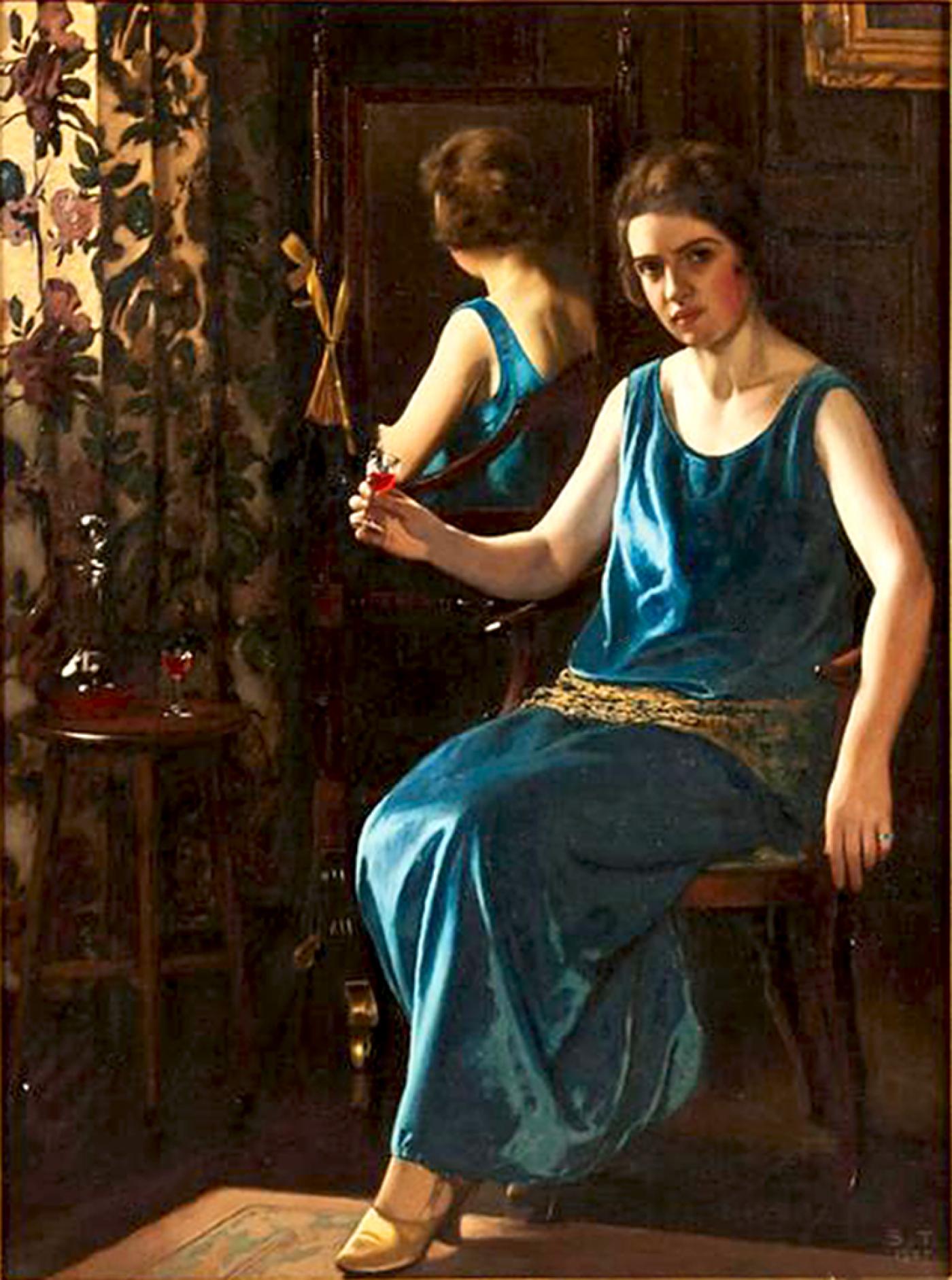 Stanley Thompson English Art Deco Painting Of The Blue Girl By Stanley Thompson