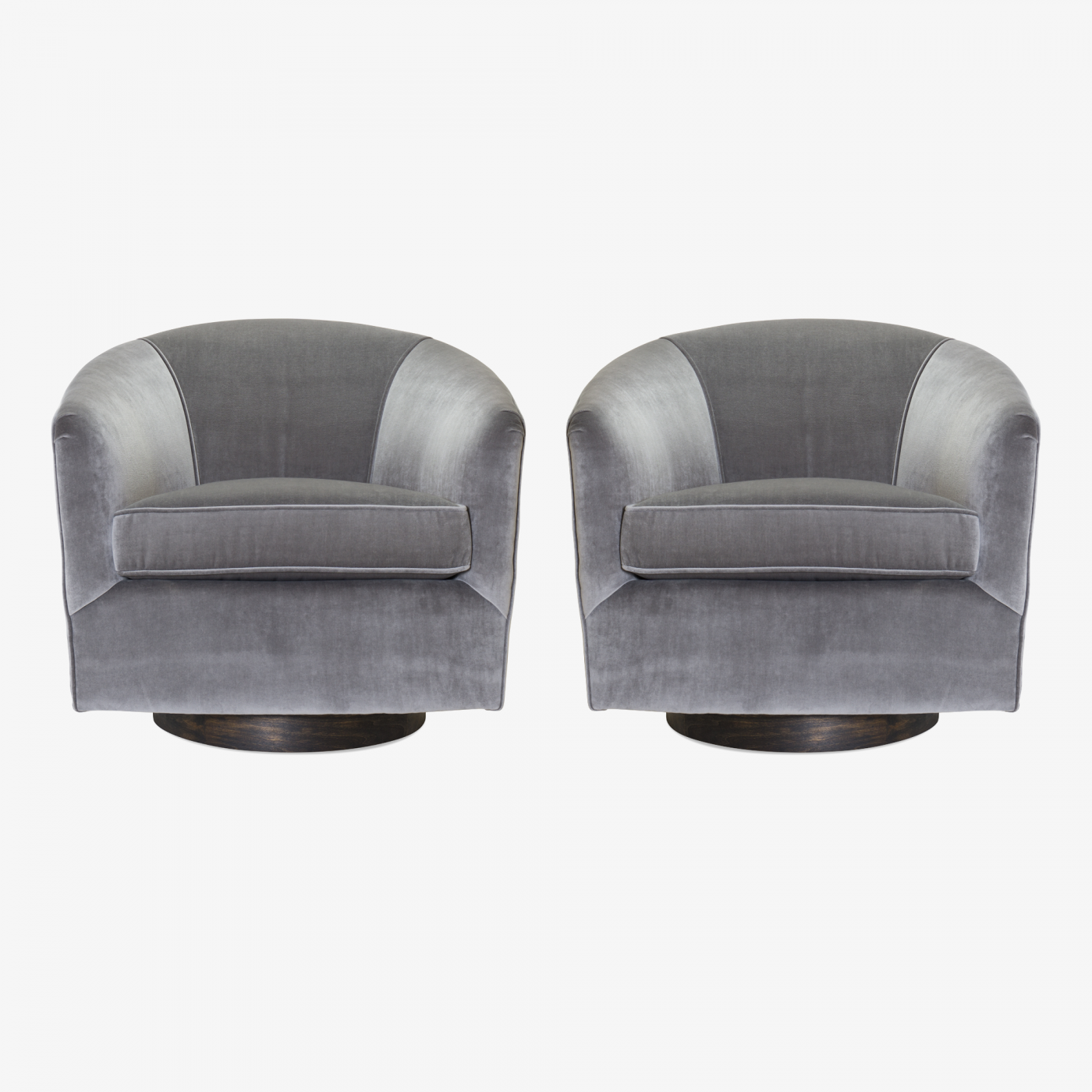 Swivel Tub Chairs in Fog Velvet & Walnut Bases, Pair