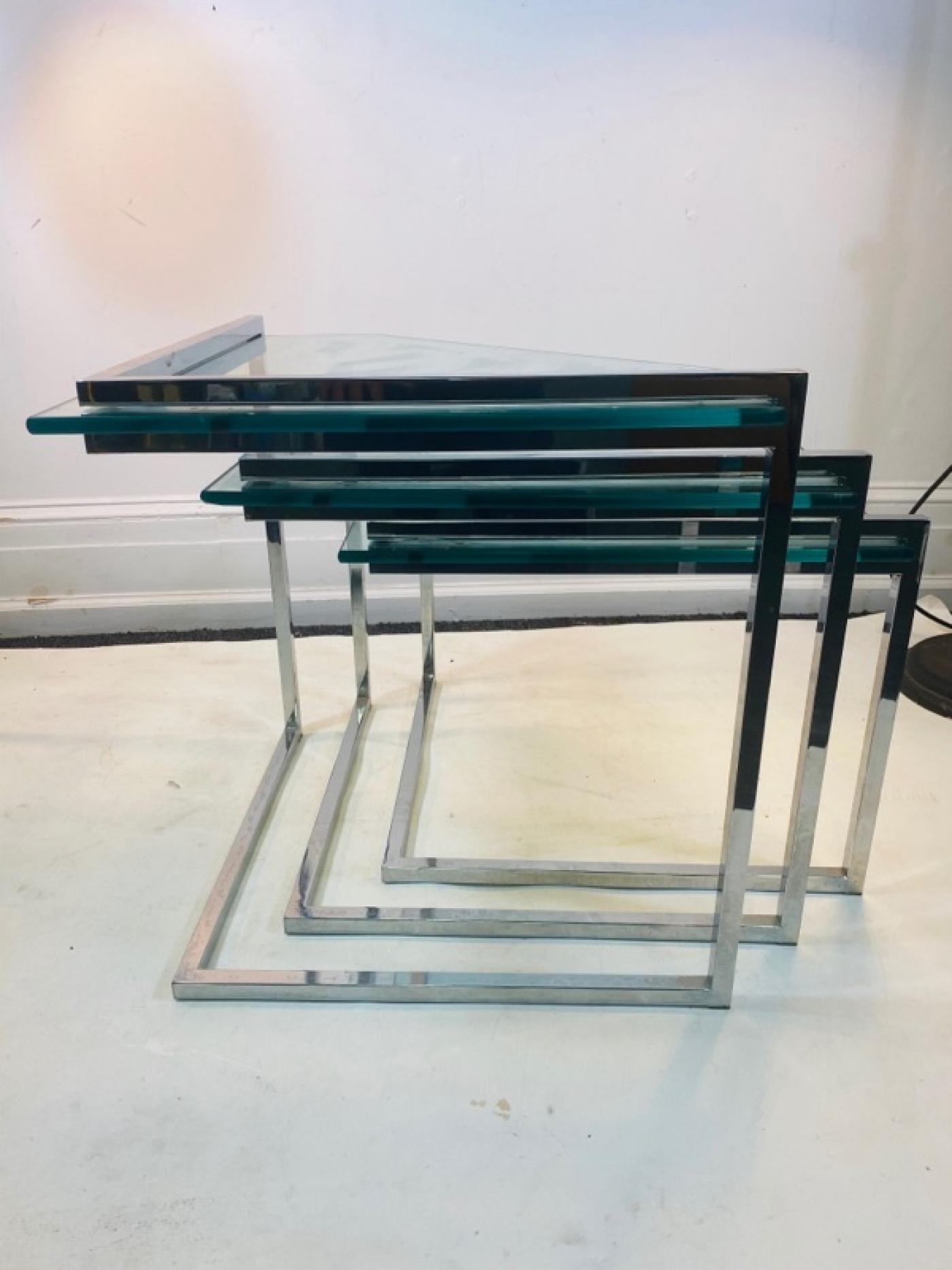 TRIO OF MODERN CHROME AND GLASS NESTING TABLES
