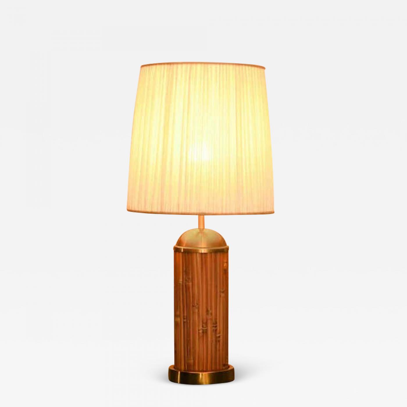 Pair of Italian brass and rattan tall table lamps