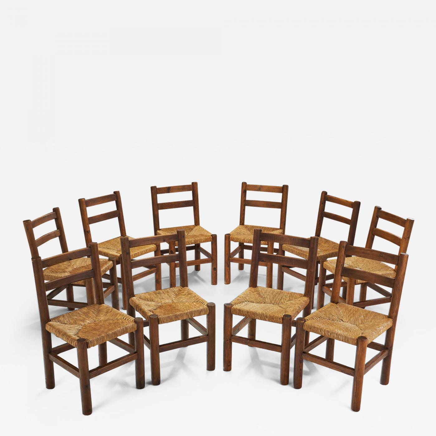 Set of 10 Rush + Black Wood Dining Chairs in the Style of Charlotte Perriand,  France 1950s — South Loop Loft