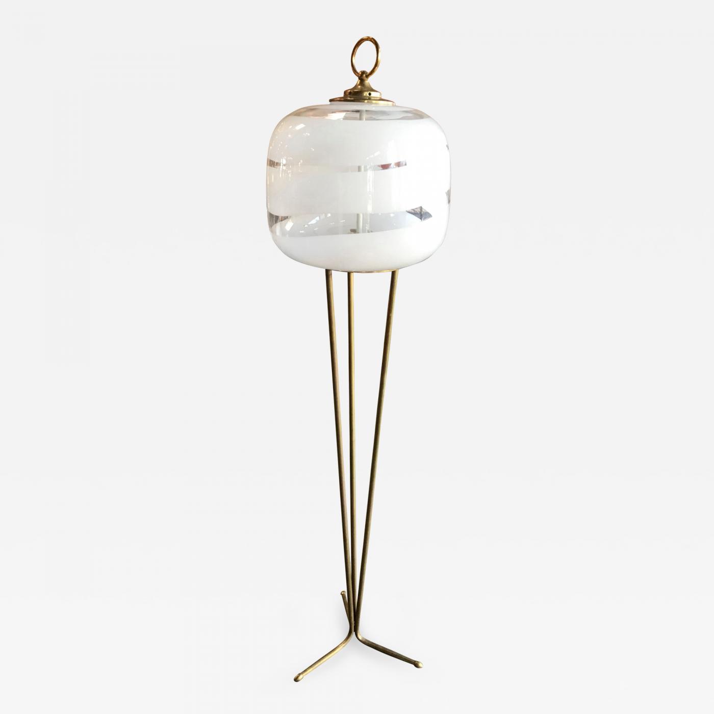 Tripod Floor Lamp With White Murano Glass Shade Italy 1960s