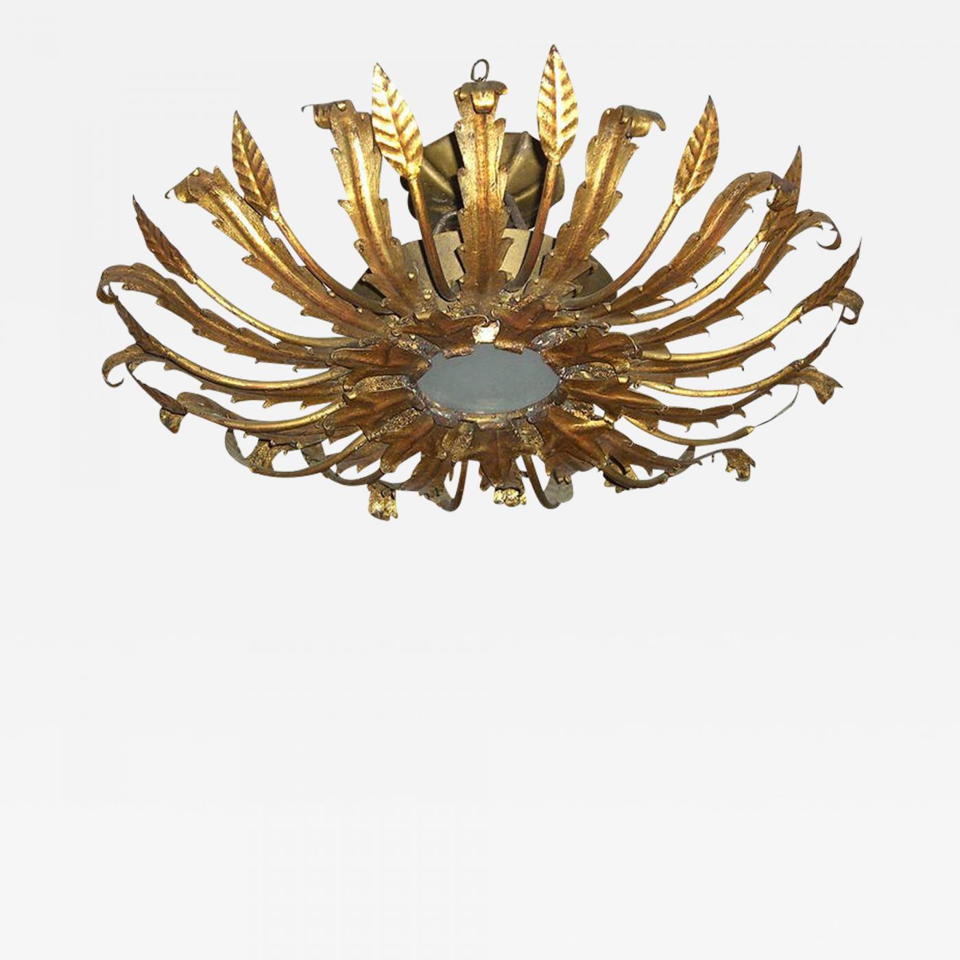 Unique French Gilt Metal Leaf Design Sunburst Ceiling Light