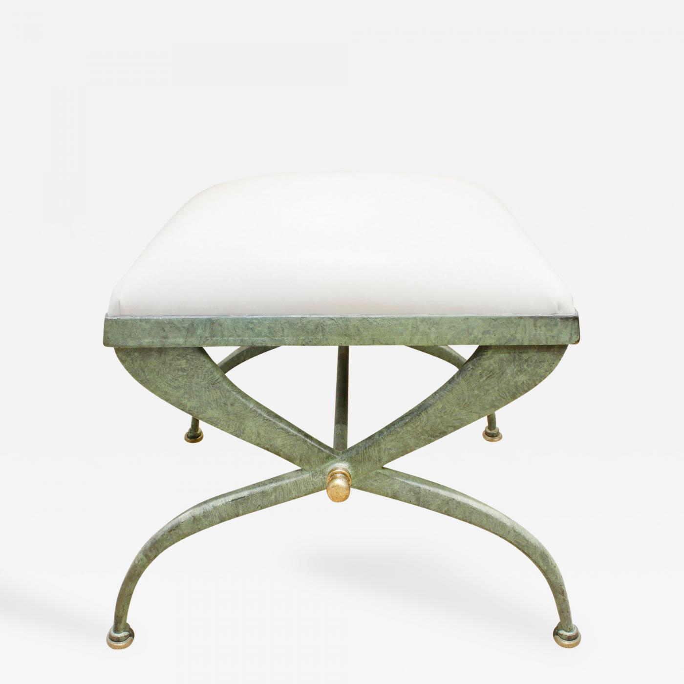 Verdigris Wrought Iron Bench With Leather Seat 1970s