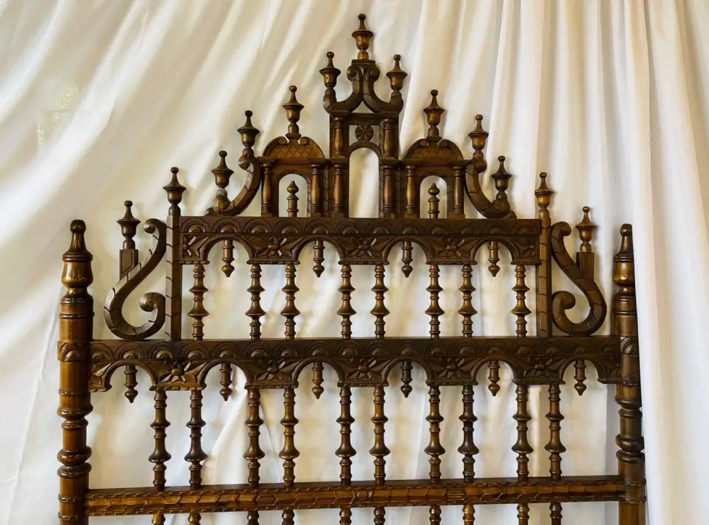 Victorian Eccentric Wooden Headboard, Jacobian Style, Walnut