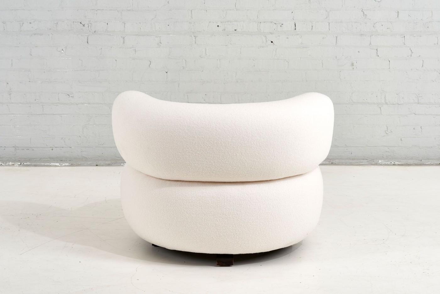 Vintage 1970's Swivel Pouf Lounge Chair in White Boucle