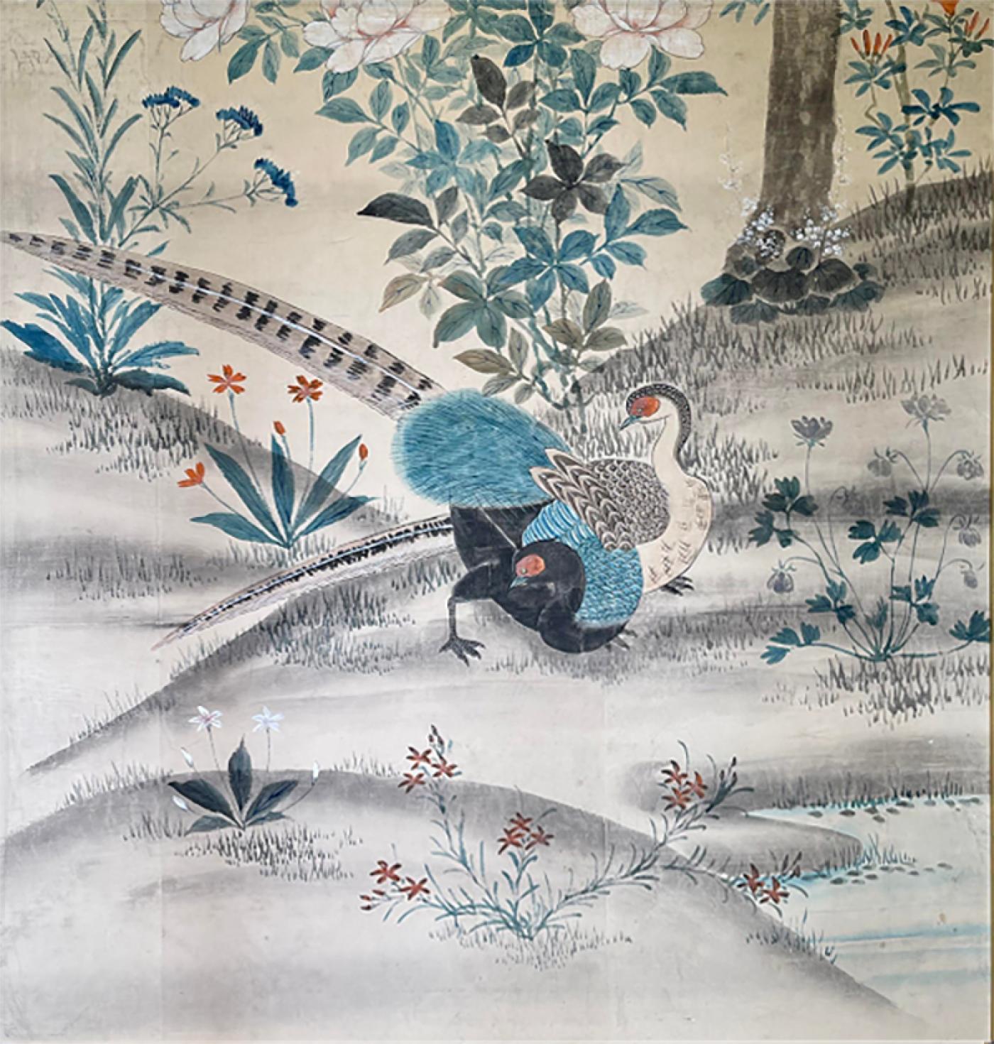 Vintage Art Deco Japanese Watercolor Painting of Two Pheasant