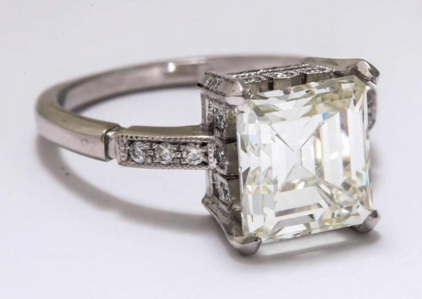 Vintage Asscher/Emerald Cut 3.5 Carat Diamond Platinum Engagement Ring