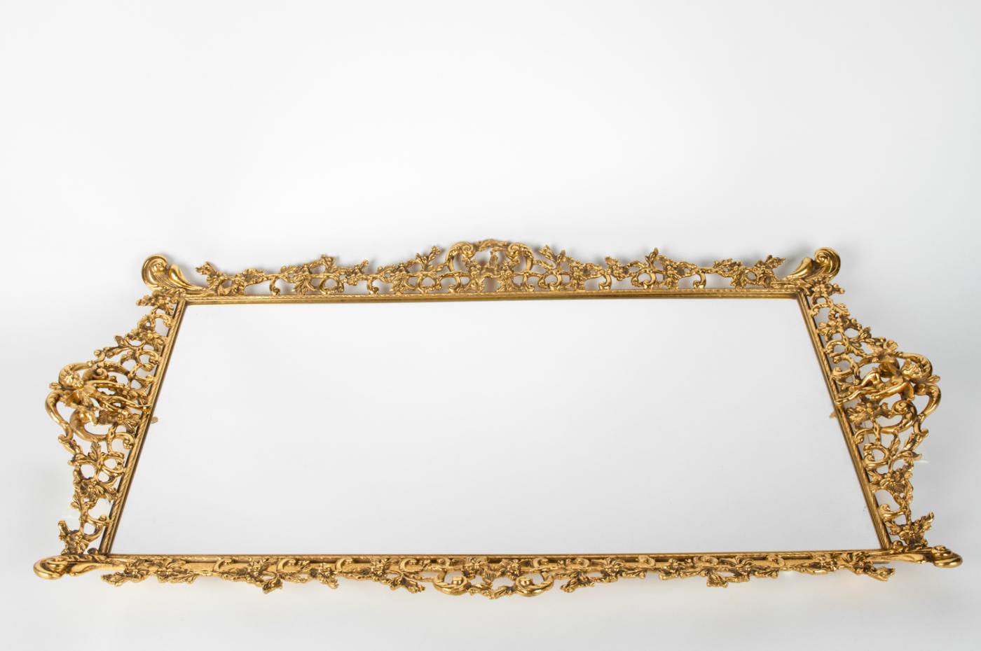 Vintage Gilded Brass Vanity Mirrored Tray