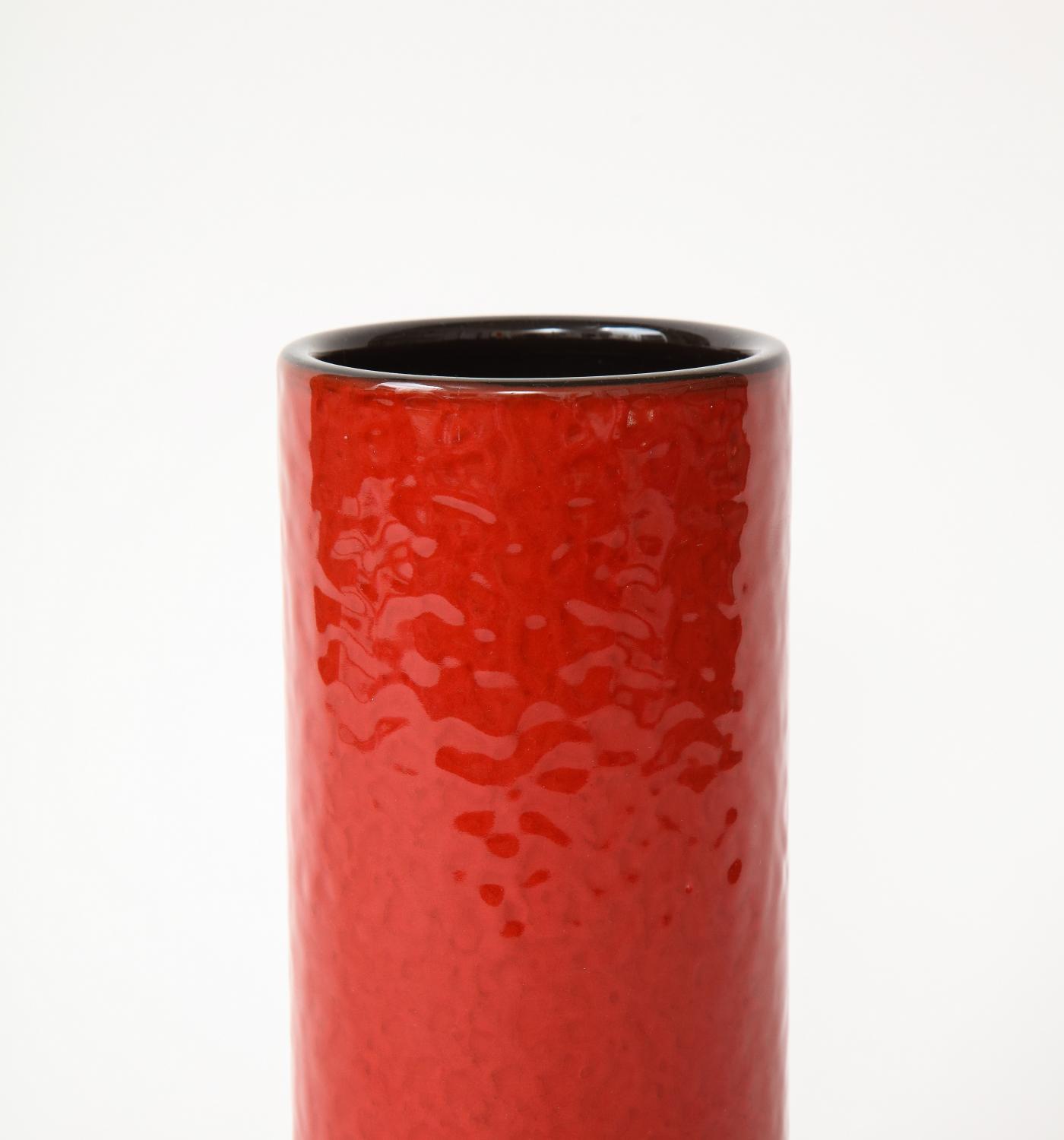 Vintage Red Ceramic Cylinder Vase with Glazed Black Interior