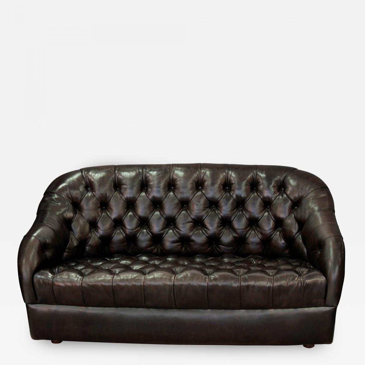 Small Button Tufted Leather Sofa By Ward Bennett 1970s