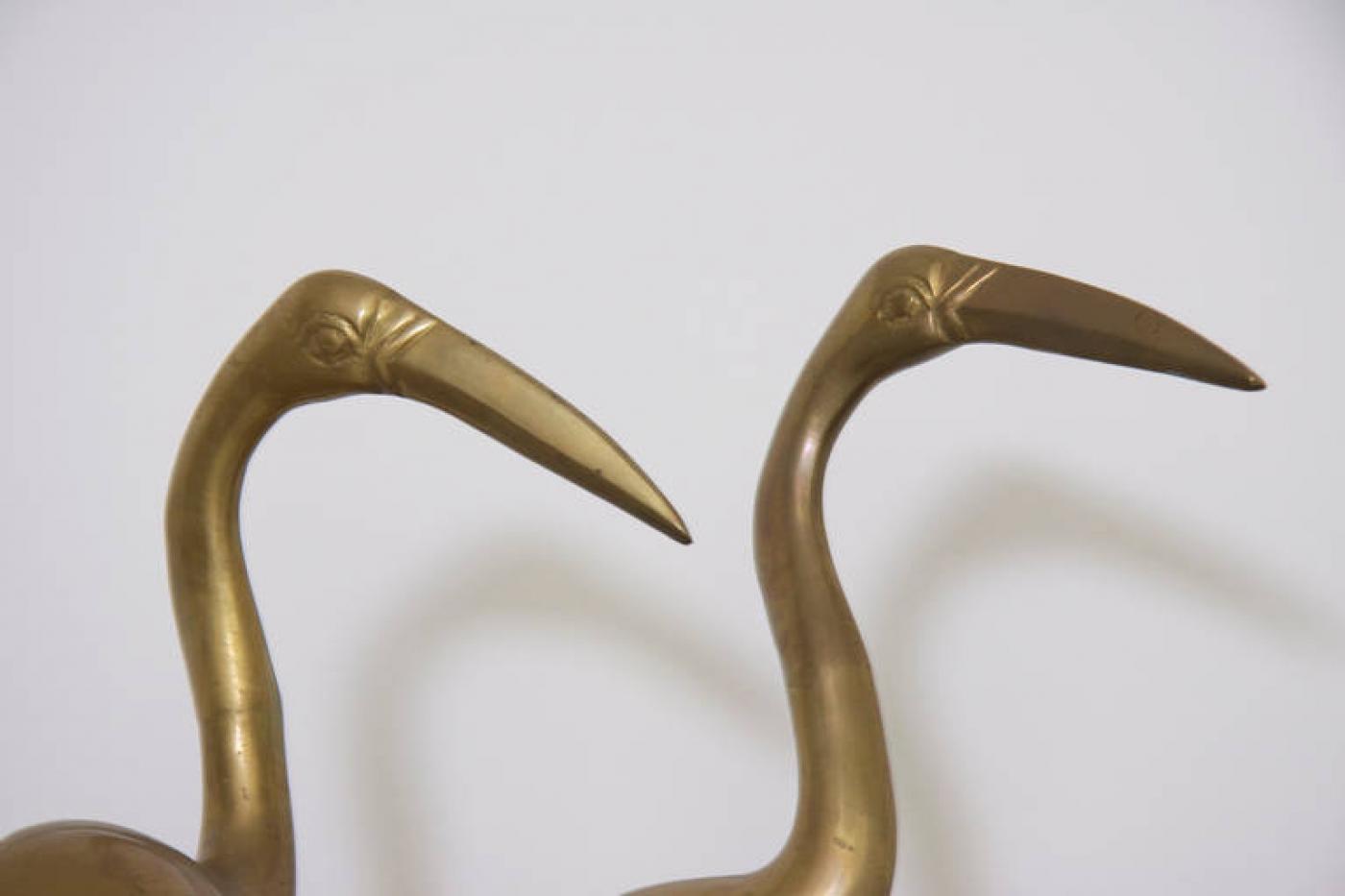 XL Large Pair of Hollywood Regency Brass Cranes on Marble Base